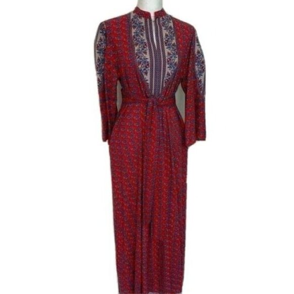 Ramona Rull Maxi Dress Vintage Red Blue Pattern Cotton Pockets Belt Puff Sleeves - Picture 12 of 12